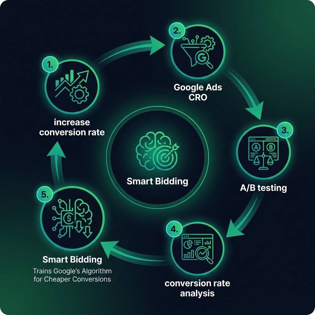 Smart Bidding & CRO: How Every A/B Test Trains Google's Algorithm for Cheaper Conversions infographic showing increase conversion rate, Google Ads CRO, Smart Bidding for digital marketing