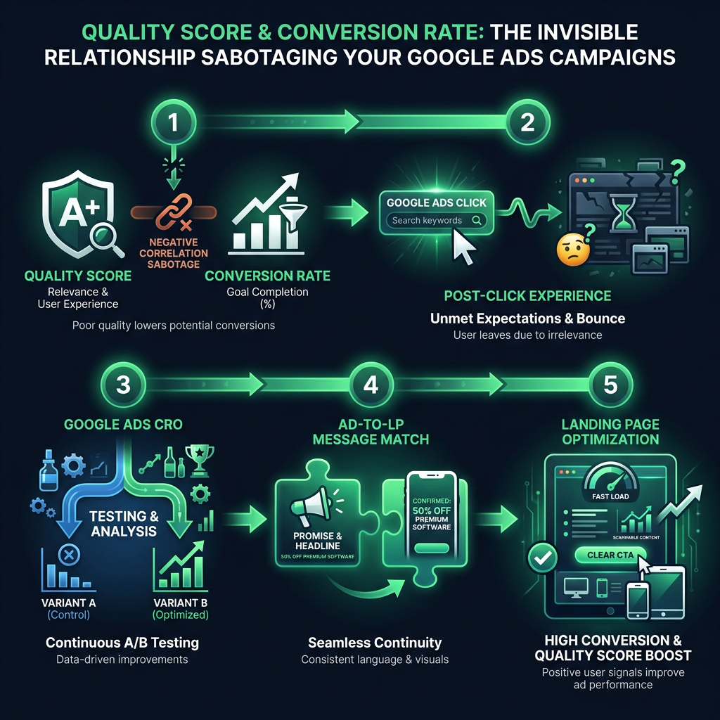 Quality Score & Conversion Rate: The Invisible Relationship Sabotaging Your Google Ads Campaigns infographic showing Quality Score conversion rate, post-click experience, Google Ads CRO for digital marketing