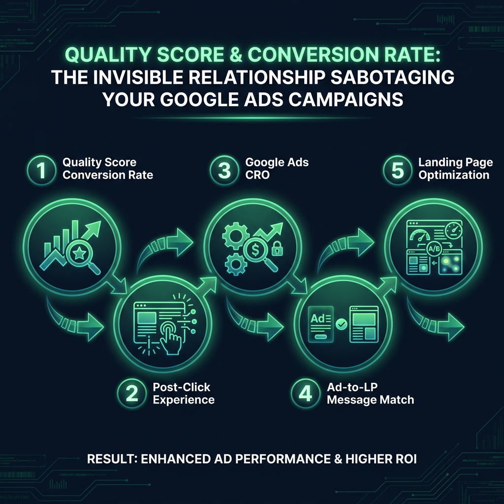 Quality Score & Conversion Rate: The Invisible Relationship Sabotaging Your Google Ads Campaigns infographic showing Quality Score conversion rate, post-click experience, Google Ads CRO for digital marketing