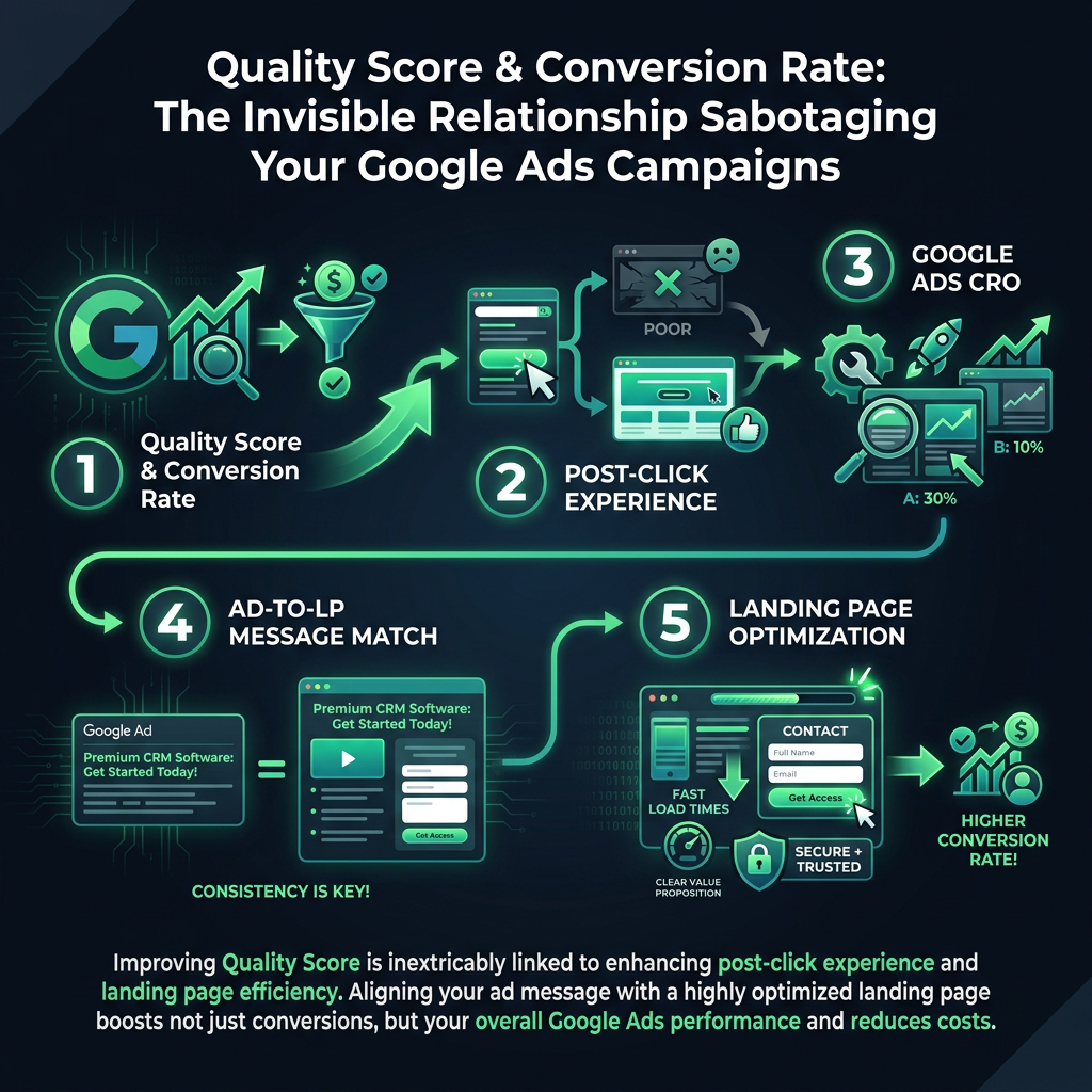 Quality Score & Conversion Rate: The Invisible Relationship Sabotaging Your Google Ads Campaigns infographic showing Quality Score conversion rate, post-click experience, Google Ads CRO for digital marketing