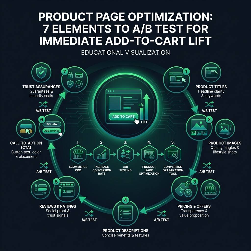 Product Page Optimization: 7 Elements to A/B Test for Immediate Add-to-Cart Lift infographic showing ecommerce CRO, increase conversion rate, A/B testing for digital marketing