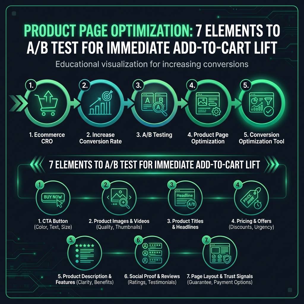 Product Page Optimization: 7 Elements to A/B Test for Immediate Add-to-Cart Lift infographic showing ecommerce CRO, increase conversion rate, A/B testing for digital marketing