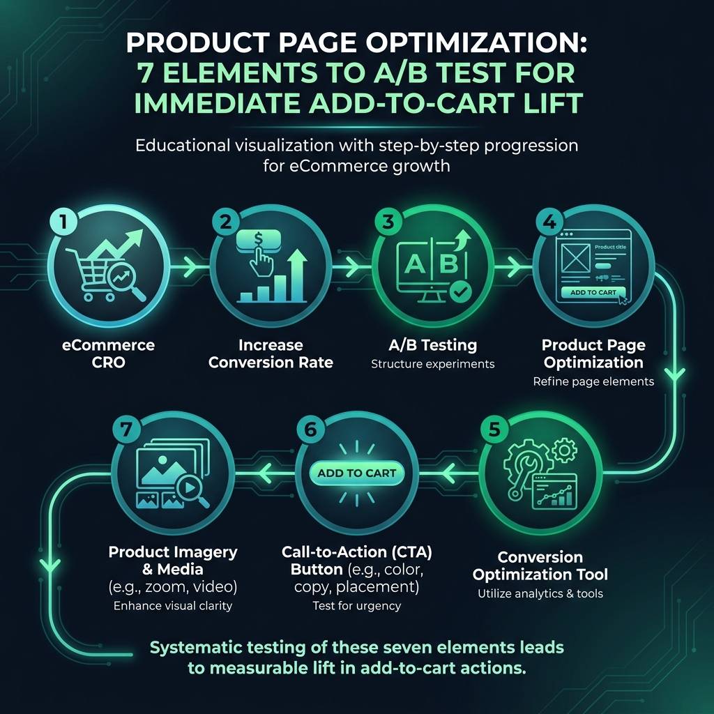 Product Page Optimization: 7 Elements to A/B Test for Immediate Add-to-Cart Lift infographic showing ecommerce CRO, increase conversion rate, A/B testing for digital marketing