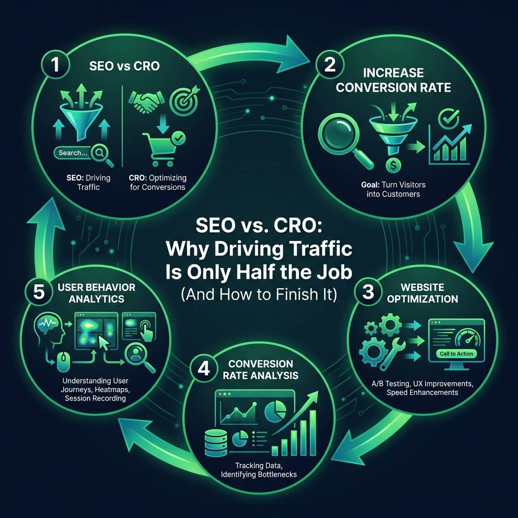 SEO vs. CRO: Why Driving Traffic Is Only Half the Job (And How to Finish It) infographic showing SEO vs CRO, increase conversion rate, website optimization for digital marketing