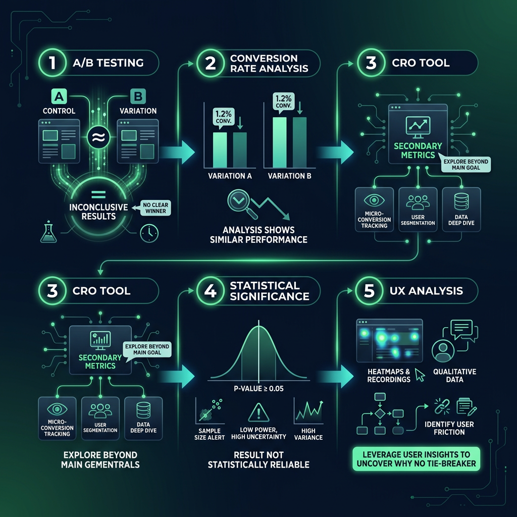 A/B Test Tie: What Inconclusive Results Mean and How to Save Your Experiment infographic showing A/B testing, conversion…