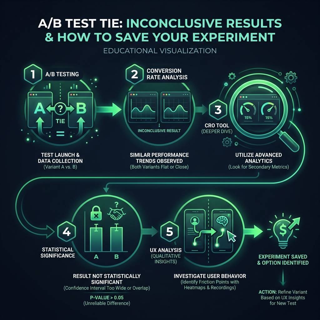A/B Test Tie: What Inconclusive Results Mean and How to Save Your Experiment infographic showing A/B testing, conversion…