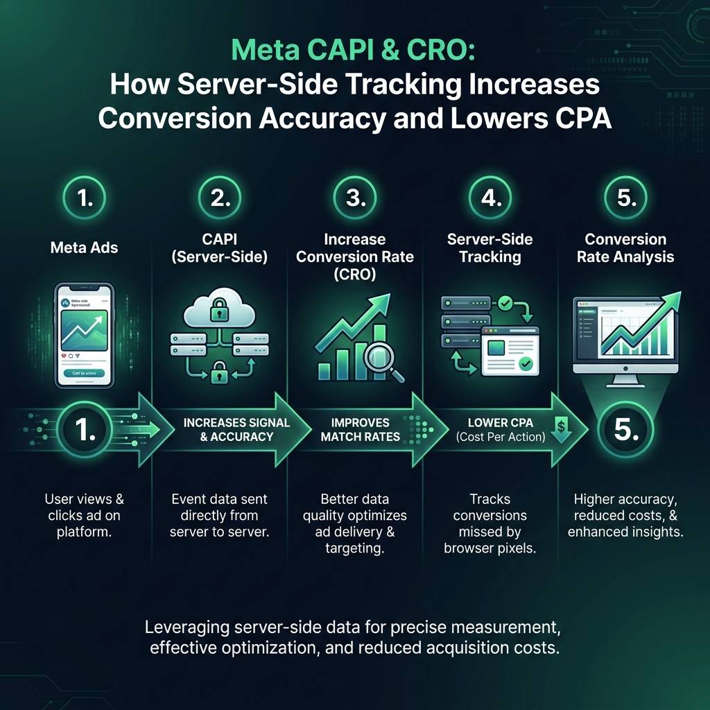 Meta CAPI & CRO: How Server-Side Tracking Increases Conversion Accuracy and Lowers CPA infographic showing Meta Ads, CAPI…