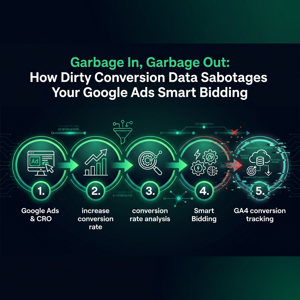 Garbage In, Garbage Out: How Dirty Conversion Data Sabotages Your Google Ads Smart Bidding infographic showing Google Ads &…