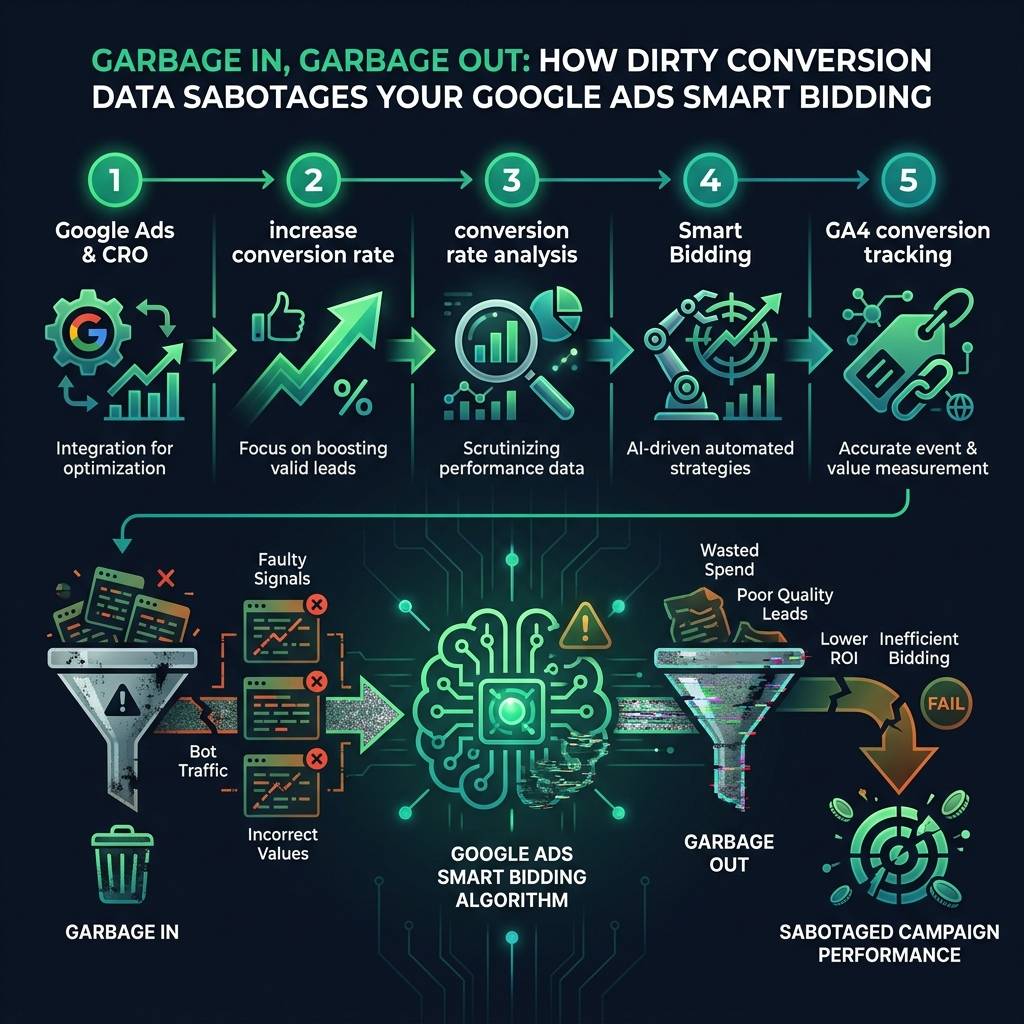 Garbage In, Garbage Out: How Dirty Conversion Data Sabotages Your Google Ads Smart Bidding infographic showing Google Ads &…