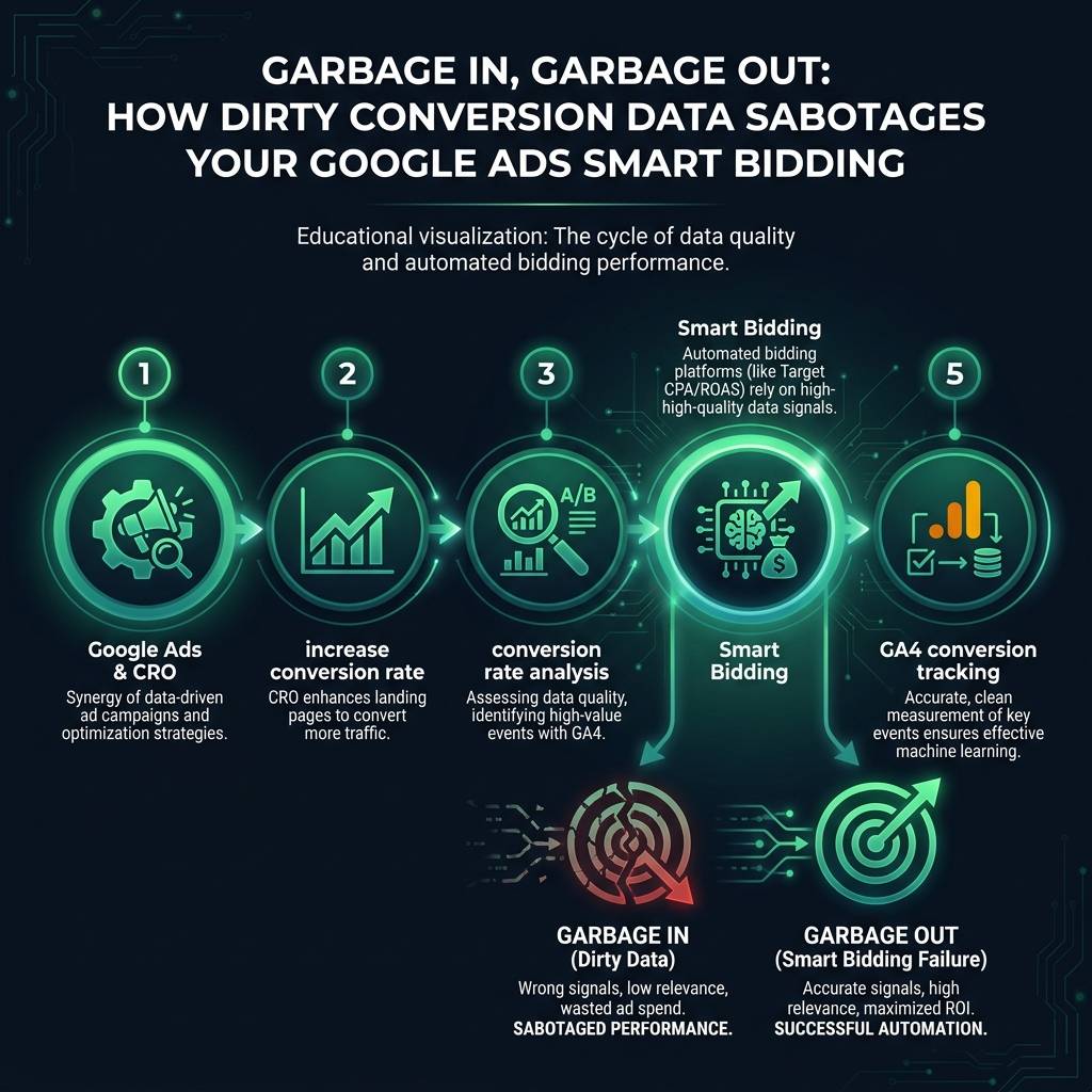 Garbage In, Garbage Out: How Dirty Conversion Data Sabotages Your Google Ads Smart Bidding infographic showing Google Ads &…