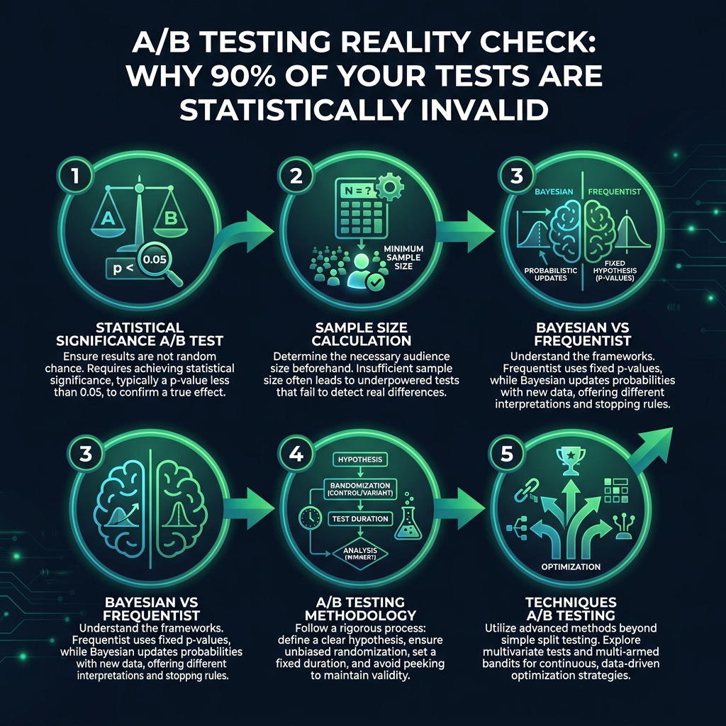 A/B Testing Reality Check: Why 90% of Your Tests Are Statistically Invalid infographic showing statistical significance A/B test, sample size calculation, Bayesian vs Frequentist for digital marketing