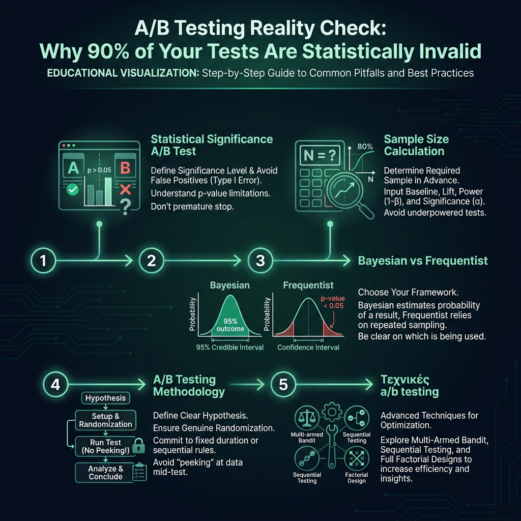 A/B Testing Reality Check: Why 90% of Your Tests Are Statistically Invalid infographic showing statistical significance A/B test, sample size calculation, Bayesian vs Frequentist for digital marketing