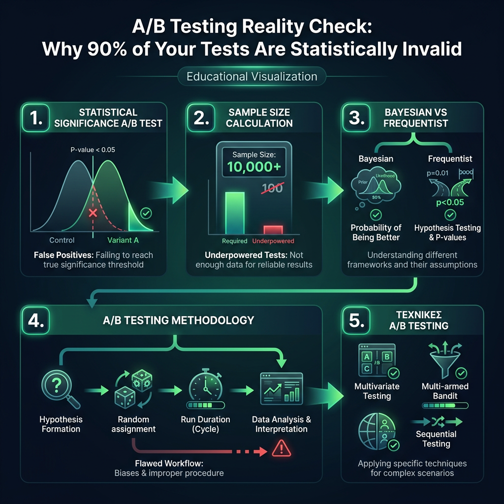 A/B Testing Reality Check: Why 90% of Your Tests Are Statistically Invalid infographic showing statistical significance A/B test, sample size calculation, Bayesian vs Frequentist for digital marketing