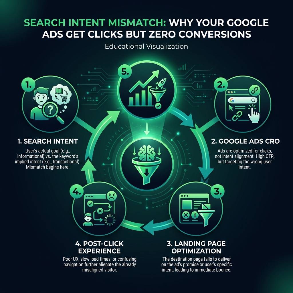 Search Intent Mismatch: Why Your Google Ads Get Clicks But Zero Conversions infographic showing search intent, google ads…