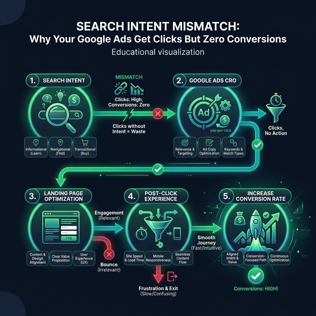 Search Intent Mismatch: Why Your Google Ads Get Clicks But Zero Conversions infographic showing search intent, google ads…
