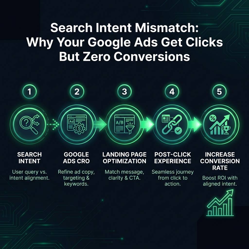 Search Intent Mismatch: Why Your Google Ads Get Clicks But Zero Conversions infographic showing search intent, google ads…
