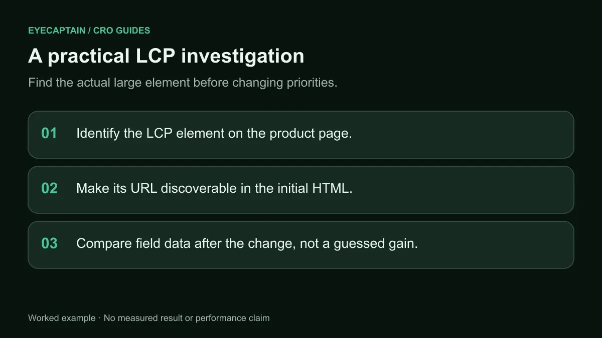 A practical LCP investigation. Find the actual large element before changing priorities.