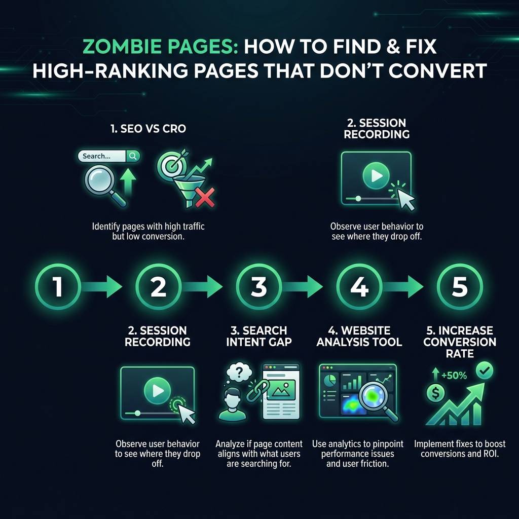 Zombie Pages: How to Find & Fix High-Ranking Pages That Don't Convert infographic showing SEO vs CRO, session recording…