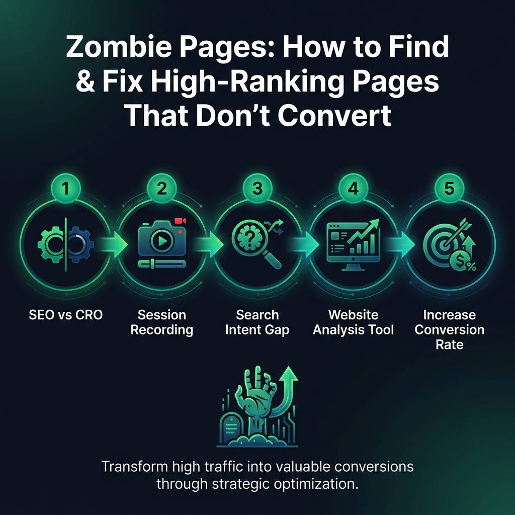 Zombie Pages: How to Find & Fix High-Ranking Pages That Don't Convert infographic showing SEO vs CRO, session recording…
