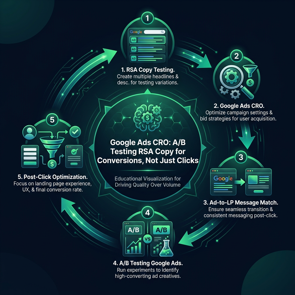 Google Ads CRO: A/B Testing RSA Copy for Conversions, Not Just Clicks infographic showing RSA copy testing, Google Ads CRO…