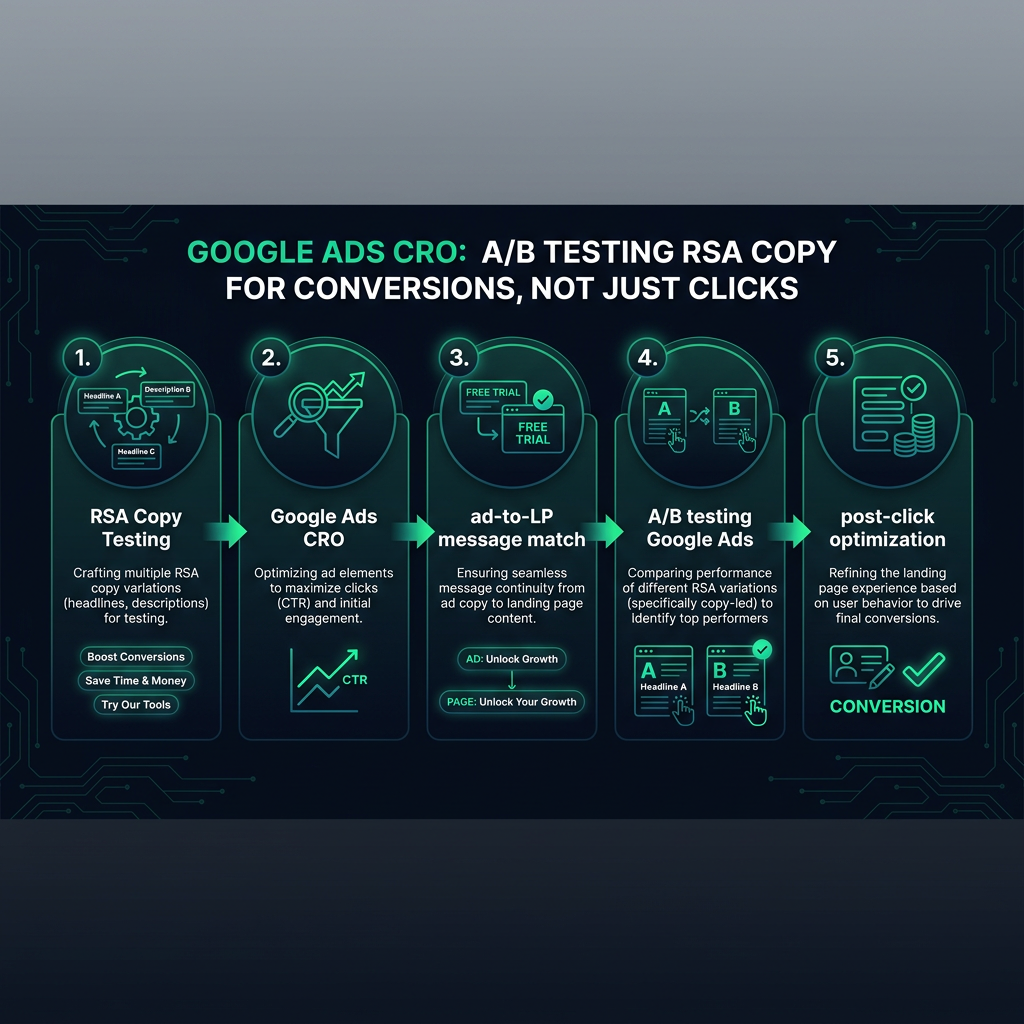 Google Ads CRO: A/B Testing RSA Copy for Conversions, Not Just Clicks infographic showing RSA copy testing, Google Ads CRO…