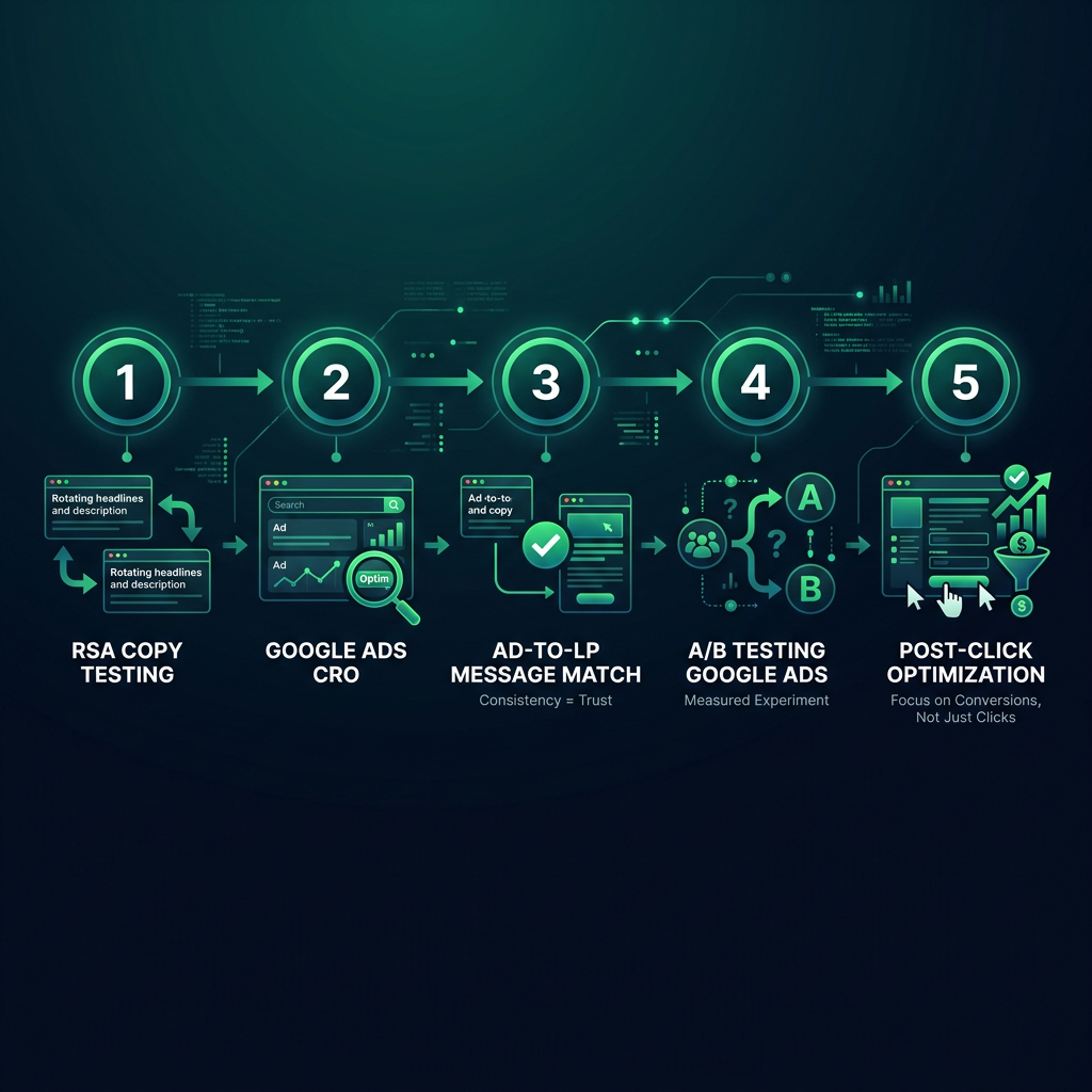 Google Ads CRO: A/B Testing RSA Copy for Conversions, Not Just Clicks infographic showing RSA copy testing, Google Ads CRO…