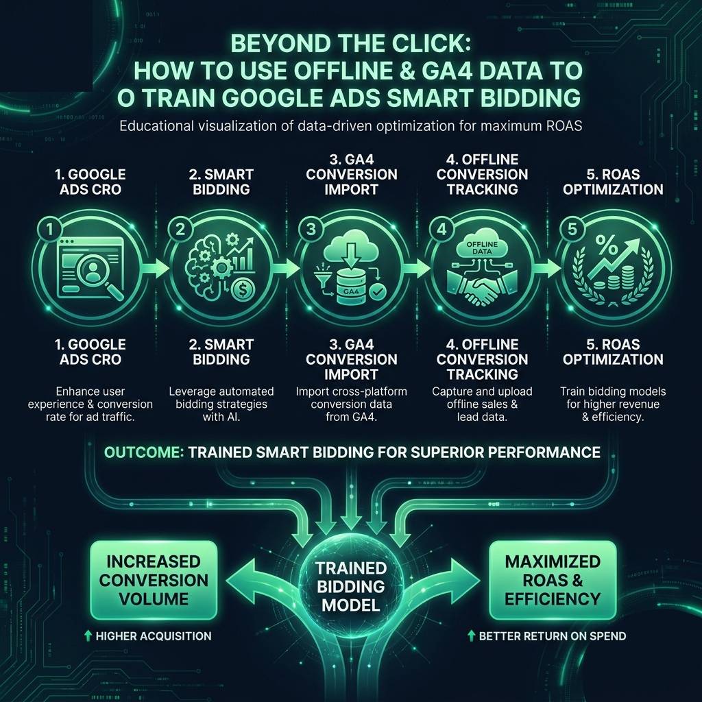 Beyond the Click: How to Use Offline & GA4 Data to Train Google Ads Smart Bidding infographic showing Google Ads CRO, Smart…