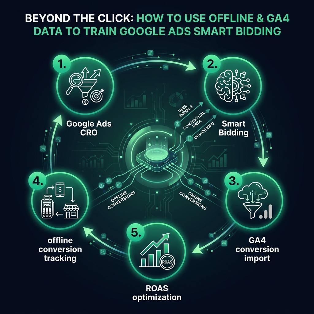Beyond the Click: How to Use Offline & GA4 Data to Train Google Ads Smart Bidding infographic showing Google Ads CRO, Smart…