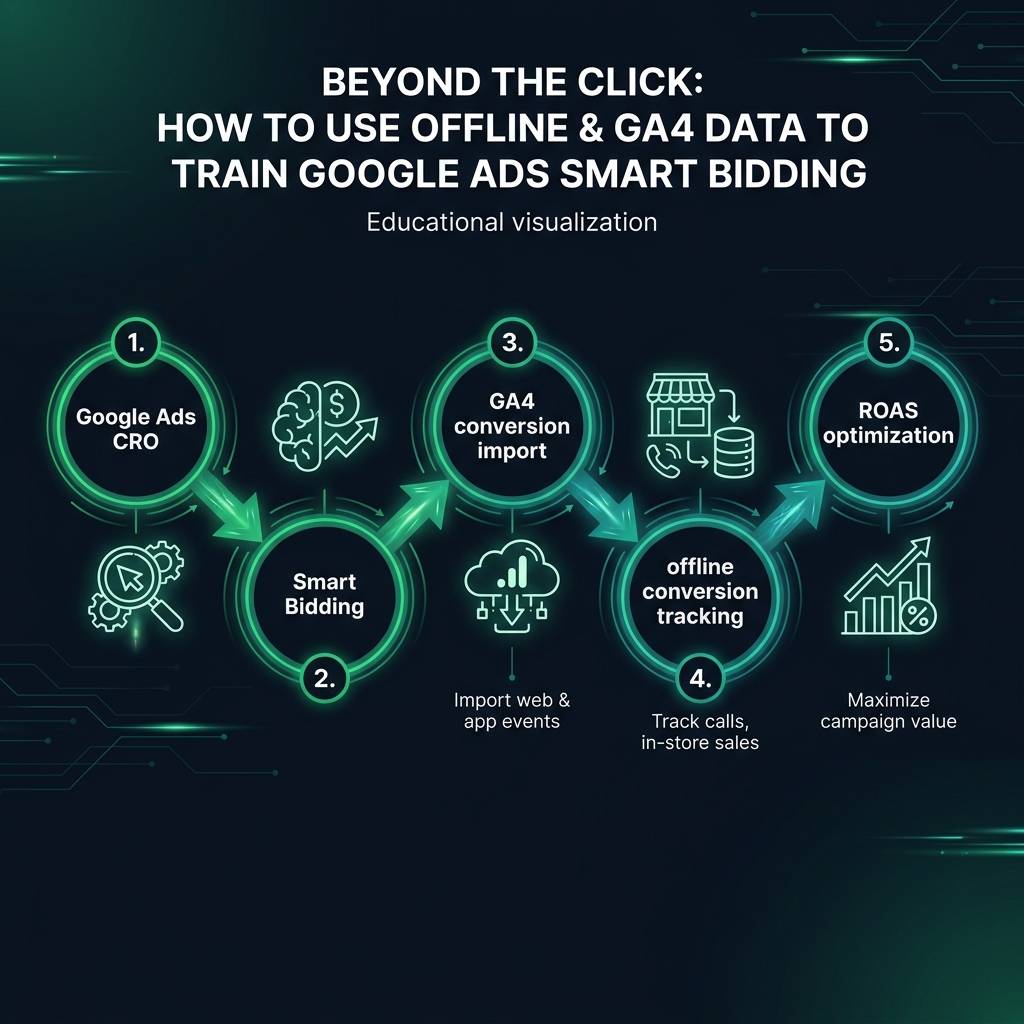 Beyond the Click: How to Use Offline & GA4 Data to Train Google Ads Smart Bidding infographic showing Google Ads CRO, Smart…