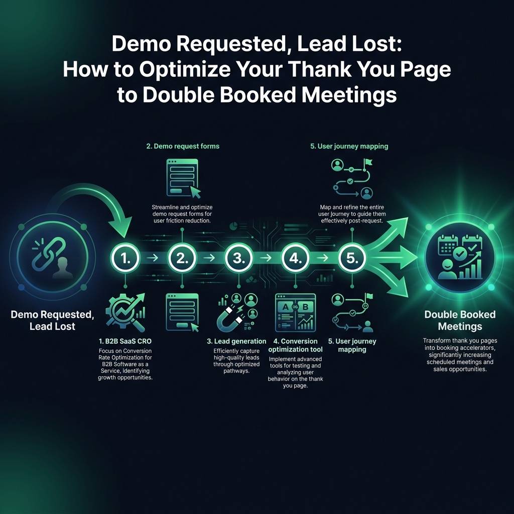 Demo Requested, Lead Lost: How to Optimize Your Thank You Page to Double Booked Meetings infographic showing B2B SaaS CRO…
