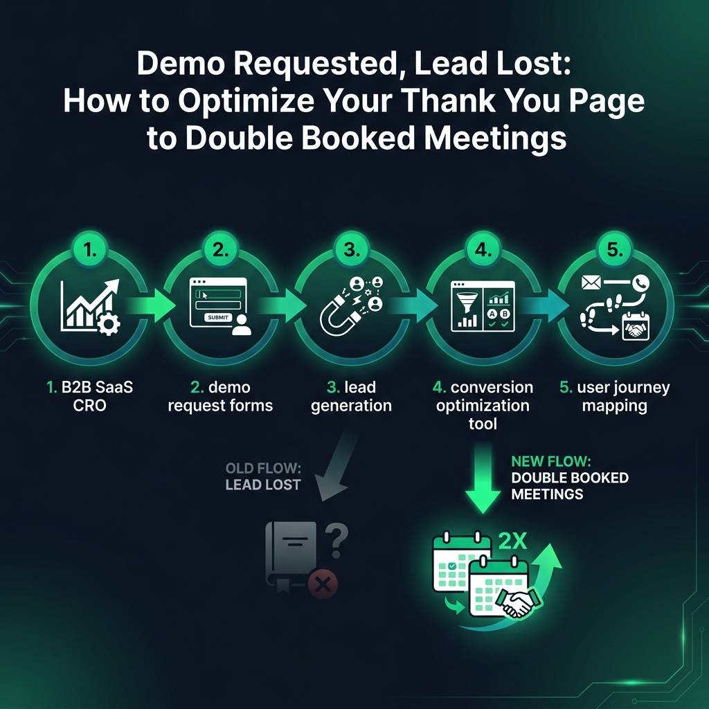 Demo Requested, Lead Lost: How to Optimize Your Thank You Page to Double Booked Meetings infographic showing B2B SaaS CRO…
