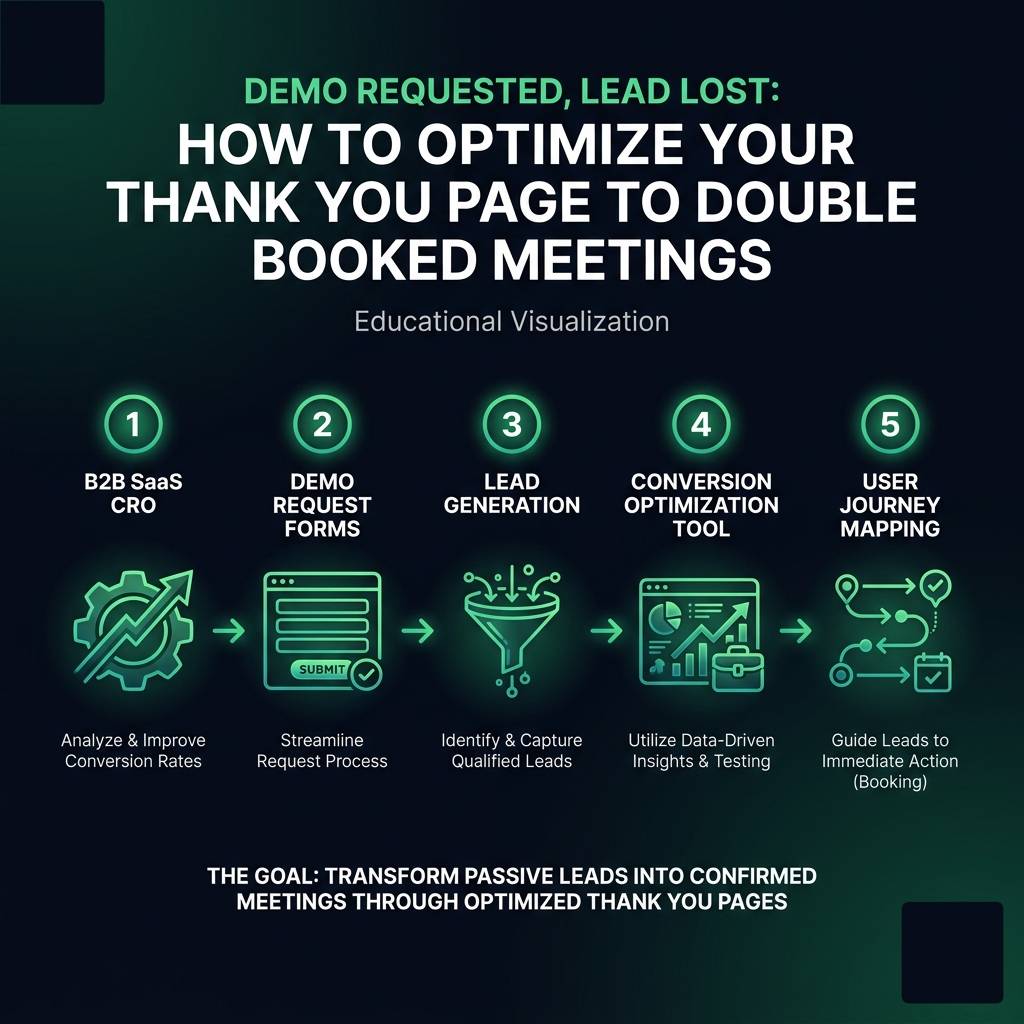Demo Requested, Lead Lost: How to Optimize Your Thank You Page to Double Booked Meetings infographic showing B2B SaaS CRO…