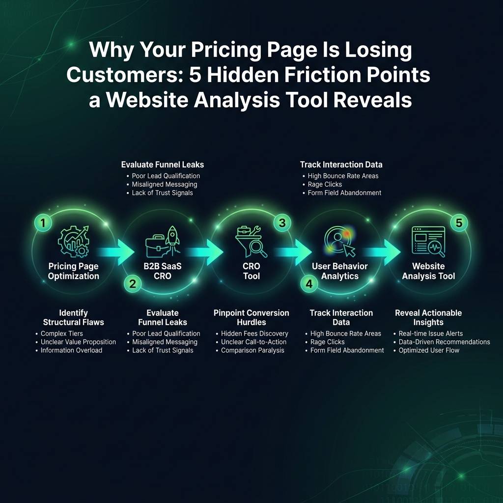 Why Your Pricing Page Is Losing Customers: 5 Hidden Friction Points a Website Analysis Tool Reveals infographic showing…