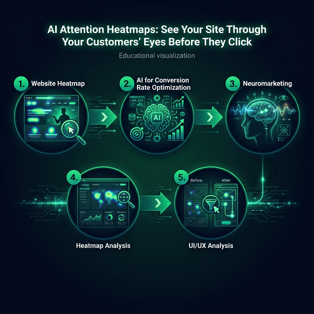 AI Attention Heatmaps: See Your Site Through Your Customers' Eyes Before They Click infographic showing website heatmap, AI for conversion rate optimization, neuromarketing for digital marketing
