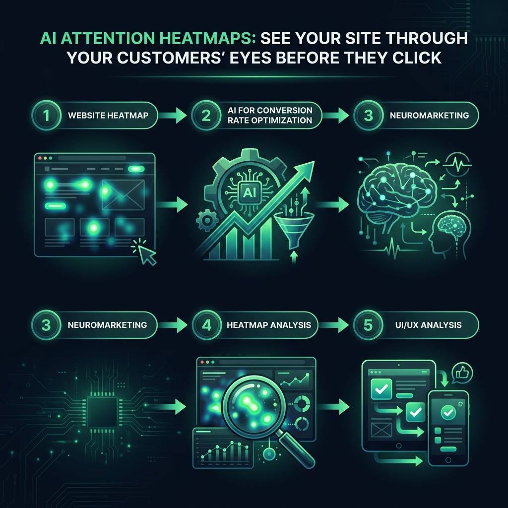 AI Attention Heatmaps: See Your Site Through Your Customers' Eyes Before They Click infographic showing website heatmap, AI for conversion rate optimization, neuromarketing for digital marketing