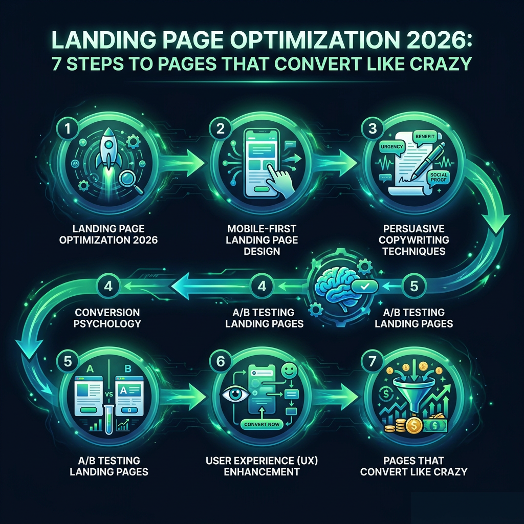 Landing Page Optimization 2026: 7 Steps to Pages That Convert Like Crazy infographic showing landing page optimization 2026, mobile-first landing page design, persuasive copywriting techniques for digital marketing