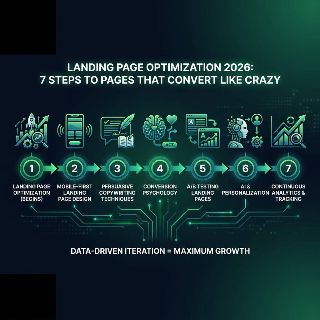 Landing Page Optimization 2026: 7 Steps to Pages That Convert Like Crazy infographic showing landing page optimization 2026, mobile-first landing page design, persuasive copywriting techniques for digital marketing