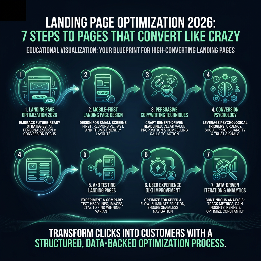 Landing Page Optimization 2026: 7 Steps to Pages That Convert Like Crazy infographic showing landing page optimization 2026, mobile-first landing page design, persuasive copywriting techniques for digital marketing