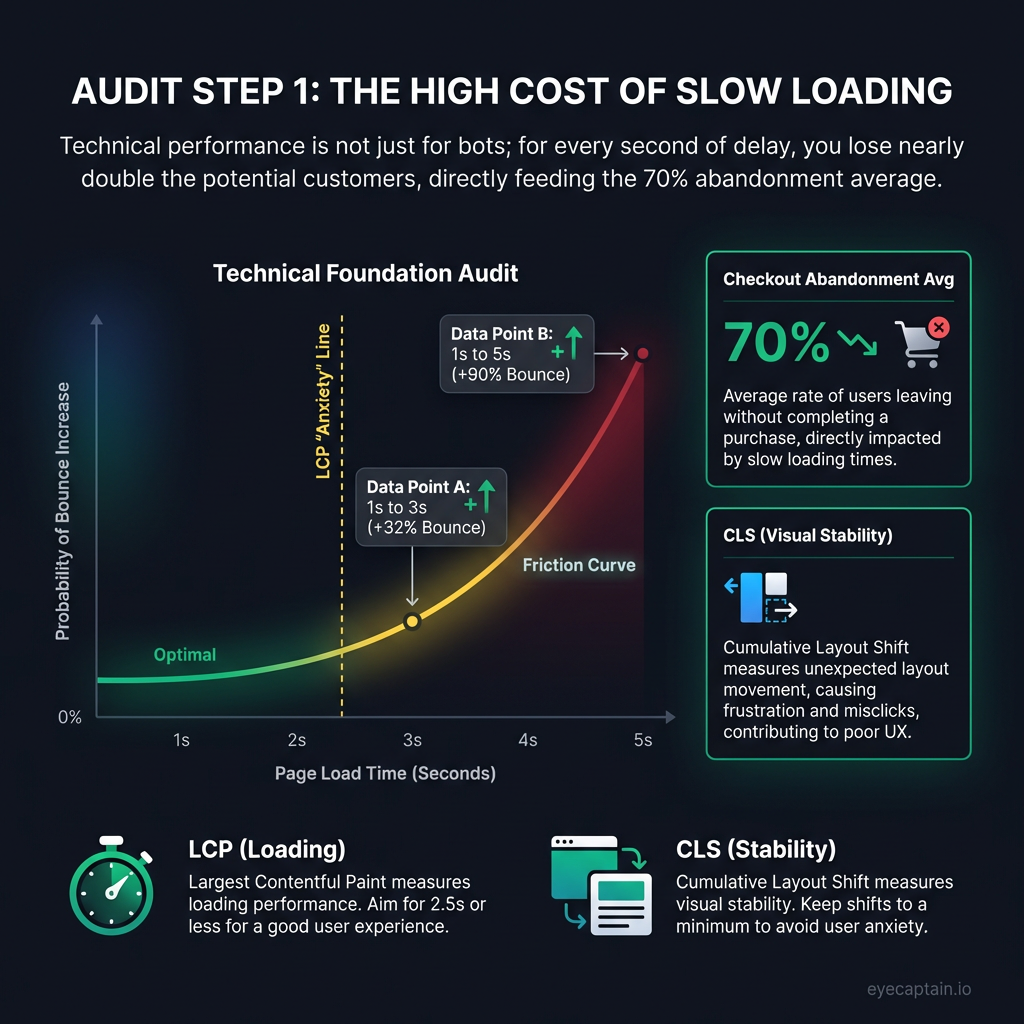 A data visualization for a conversion rate website audit showing the impact of page speed on user retention. A line graph demonstrates that as page load time increases from 1 to 3 seconds, bounce probability rises by 32%, and at 5 seconds, it spikes by 90%. core Web Vitals markers indicate user anxiety begins at 2.5 seconds.