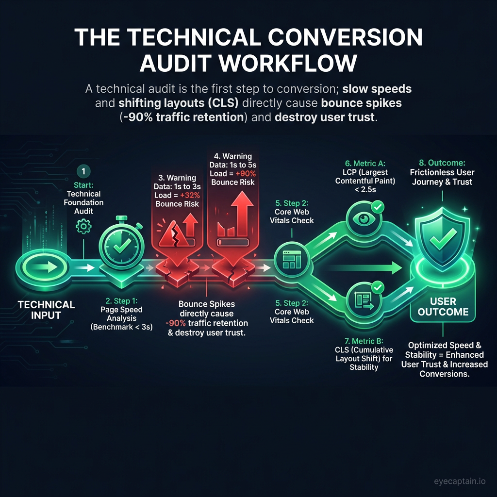 Process infographic titled 'The Technical Conversion Audit Workflow' showing the step-by-step path to auditing a website for conversions. Step 1 analyzes Page Speed, highlighting that load times increasing from 1 to 5 seconds increase bounce probability by 90%. Step 2 evaluates Core Web Vitals, specifically LCP (under 2.5s) and CLS for visual stability. The process concludes with the outcome of establishing User Trust and reducing friction.