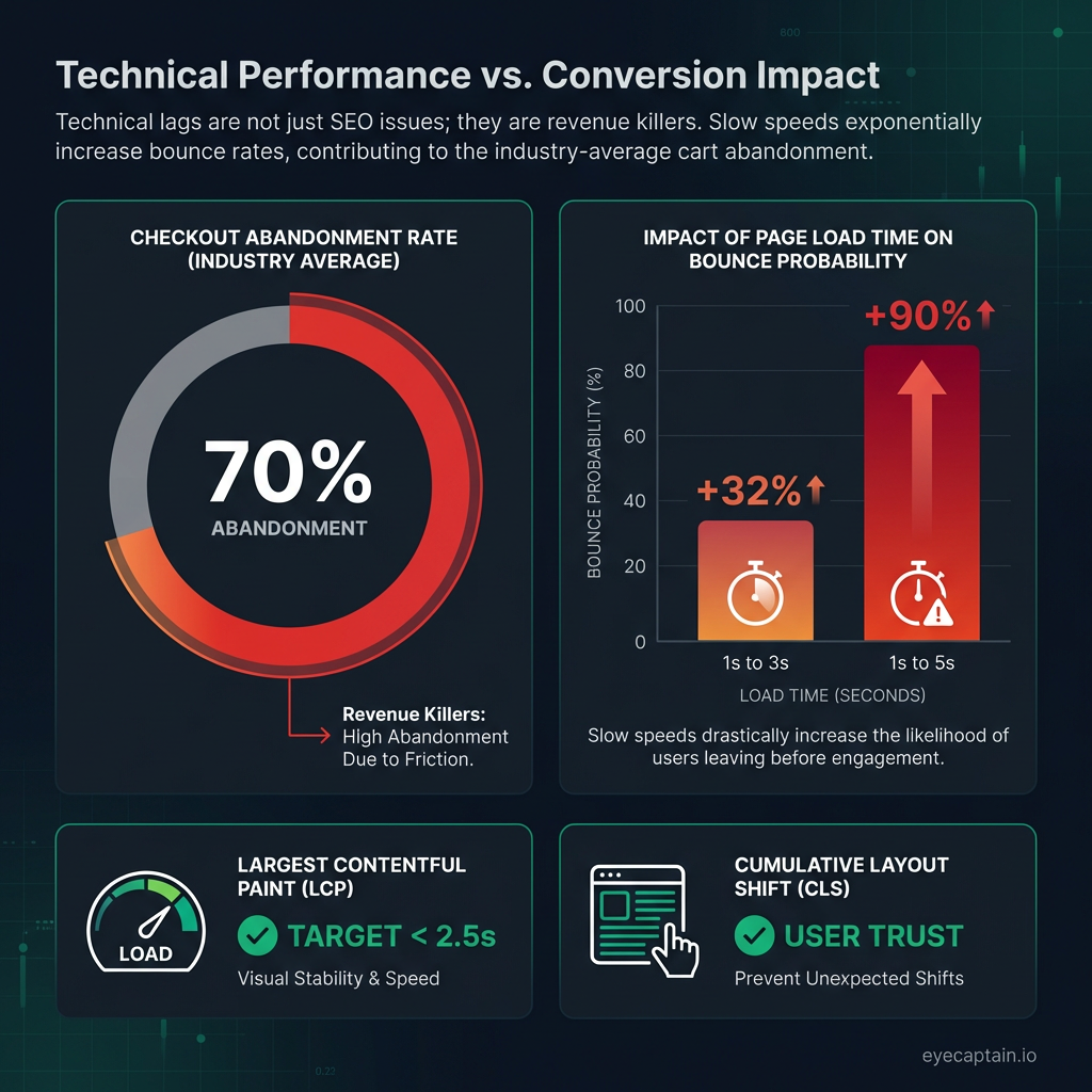 Statistical infographic dashboard titled 'Technical Performance vs. Conversion Impact'. A circular chart displays a 70%…