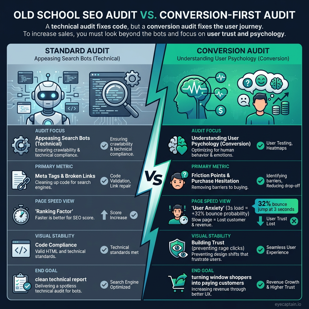 Comparison infographic entitled 'Old School SEO Audit vs. Conversion-First Audit' for EyeCaptain. The graphic contrasts traditional website audits which focus on search engine bots and technical jargon against conversion rate audits which focus on user psychology and friction. Key data shown highlights that a page load delay of 1 to 3 seconds increases bounce probability by 32%, illustrating how technical issues impact revenue versus just rankings.