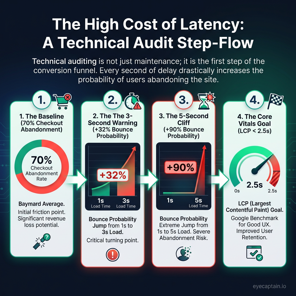 A four-step data visualization infographic titled The High Cost of Latency. Step 1 shows a donut graph depicting a 70%…