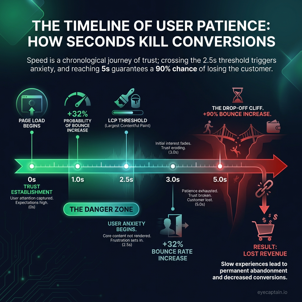A horizontal timeline infographic titled 'The Timeline of User Patience' illustrating website load time impact. The timeline…