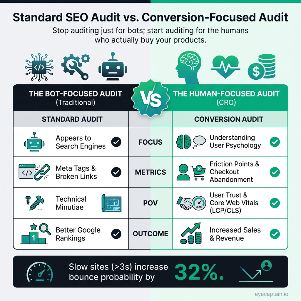 Comparison infographic titled 'Standard SEO vs. Conversion Rate Audits.' The left column lists traditional audit focus areas like Search Engine bots, meta tags, and technical minutiae aimed at rankings. The right column lists conversion audit focus areas like user psychology, friction points, and Core Web Vitals aimed at revenue. The bottom highlights that 3-second load times increase bounce rates by 32%.