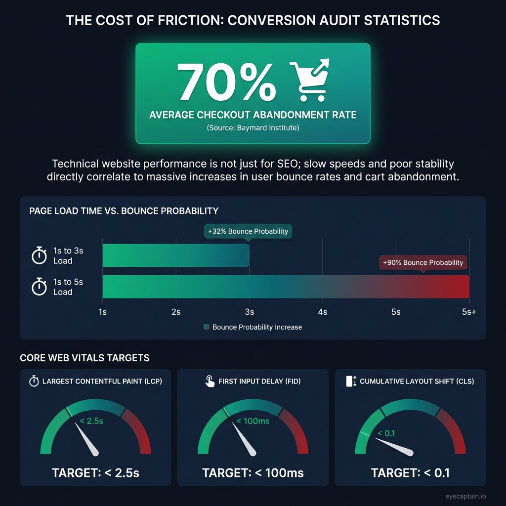 Statistical infographic displaying critical website audit metrics. A central text highlights that 70% of carts are abandoned. A bar chart portrays Google data showing that as page load time increases from 1 to 3 seconds, bounce probability rises by 32%, and at 5 seconds, it skyrockets by 90%. A performance gauge shows the target for Largest Contentful Paint (LCP) is under 2.5 seconds.