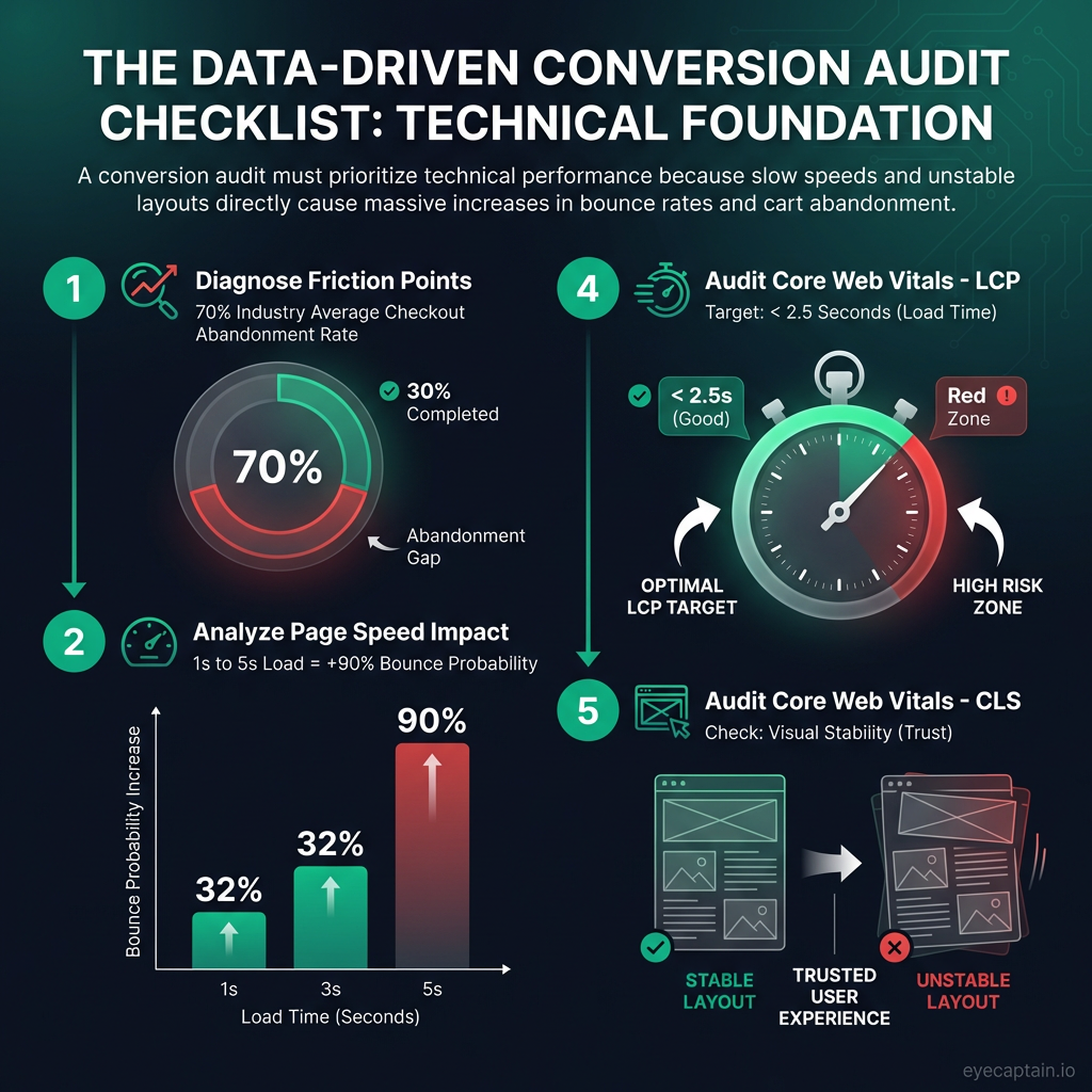 Step-by-step conversion rate audit infographic. Step 1 highlights the 70% average checkout abandonment rate. Step 2 visualizes page speed data, showing a 32% bounce increase at 3 seconds and a 90% increase at 5 seconds. Step 3 defines Core Web Vitals targets, specifically Largest Contentful Paint (LCP) under 2.5 seconds and Cumulative Layout Shift (CLS) for visual stability.