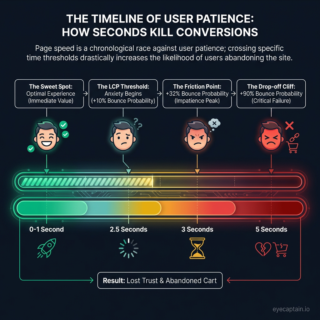 A horizontal timeline infographic detailing the relationship between website page load speed and bounce rates. The timeline shows markers at four stages: 0-1 seconds representing an optimal start; 2.5 seconds marking the Largest Contentful Paint (LCP) anxiety threshold; 3 seconds showing a 32 percent increase in bounce probability; and 5 seconds showing a 90 percent increase in bounce probability. The visual layout transitions from green to red to symbolize increasing user frustration.