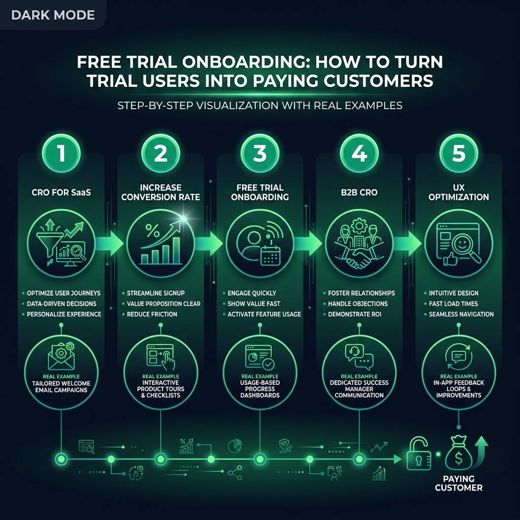 Free Trial Onboarding: How to Turn Trial Users Into Paying Customers (With Real Examples) infographic showing CRO for SaaS, increase conversion rate, free trial onboarding for digital marketing