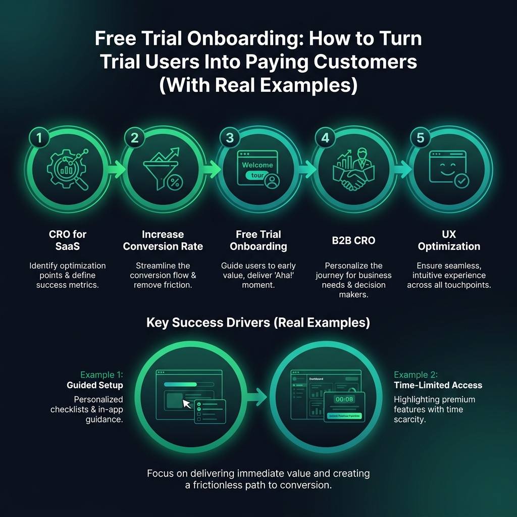 Free Trial Onboarding: How to Turn Trial Users Into Paying Customers (With Real Examples) infographic showing CRO for SaaS, increase conversion rate, free trial onboarding for digital marketing